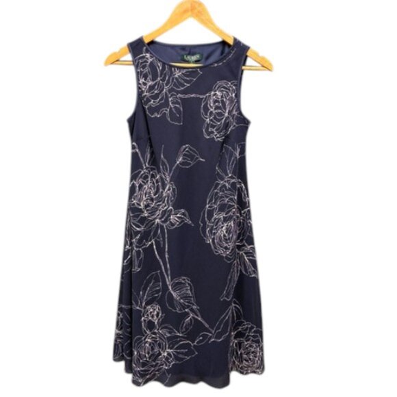 Lauren Ralph Lauren Dress Women’s 2 Navy Blue Floral Sleeveless A-Line‎ NWT - Picture 1 of 11
